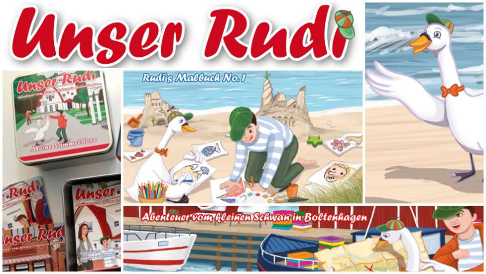 Abenteuer vom kleinen Schwan in Boltenhagen. Jetzt ganz NEU, die Rudi-Sammelbox und das Malbuch. Erhältlich in der Kurverwaltung.